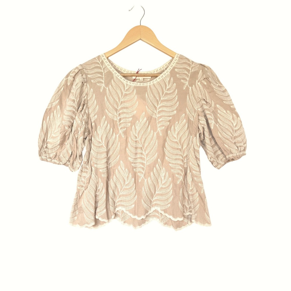 Solitaire Embroidered Leaf Blouse – Beige Boho Puff Sleeve Top – Women's Medium - Picture 2 of 6